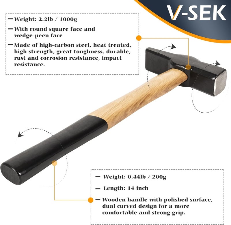 V-SEK Blacksmith Hammer 0000811-1000 Bladesmith Blacksmithing Forging Hammer Knife Making Metal Working Forge Tool Round Square Face Cross Peen with Steel Head Wooden Handle (2.2 lb / 1000 g) - Image 5